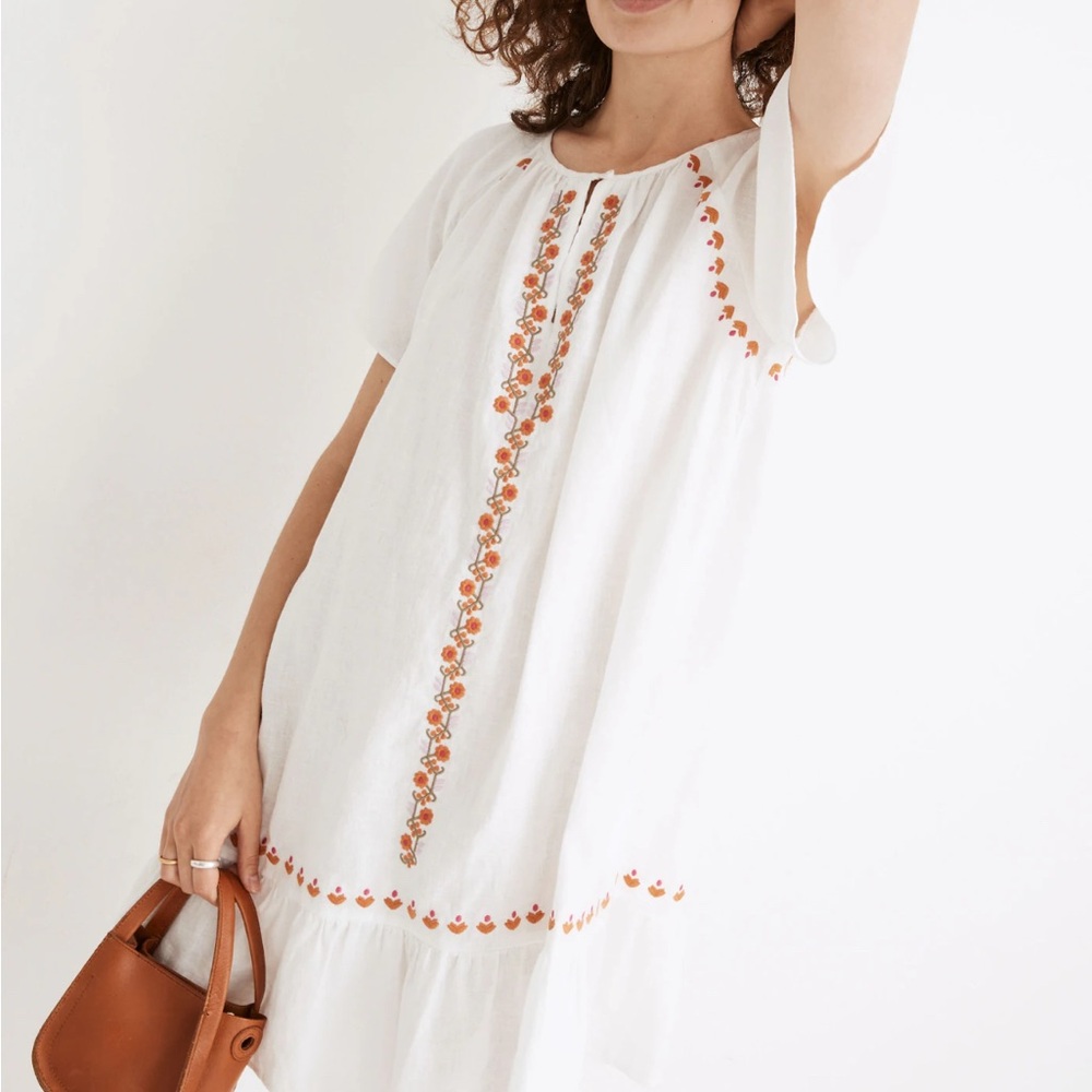 MADEWELL LINEN-BLEND RAGLAN RUFFLE MINI DRESS NWOT SIZE MEDIUM